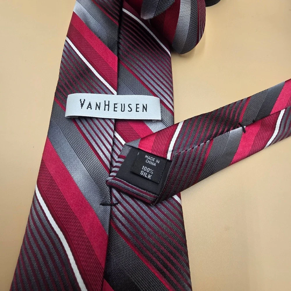 Van Heusen Mens Silk Necktie Burgundy Grey White Striped Formal Business Tie